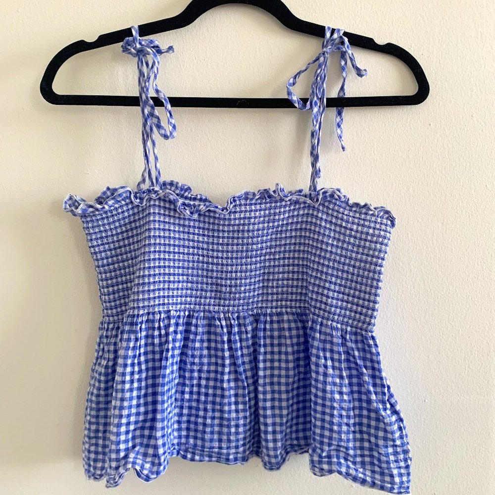 H&M Blue Gingham Tie String Top